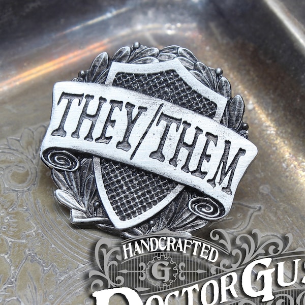 They / Them Pronoun Badge - Pride Pronoun Pin - Handcrafted Pewter Accessories by Doctor Gus - LGBTQ Pride Enamel Pin LGBT Ally Badge