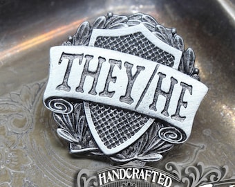 They/He Pronoun Badge - Pride Pronoun Pin - Handcrafted Pewter Accessories by Doctor Gus - Wearable LGBTQ Pride Enamel Pin LGBT Ally Badge