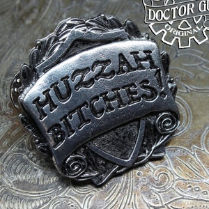 Huzzah Bitches Badge - RPG Character Class Pin - Handcrafted Pewter Accessories by Doctor Gus - RPG LARP Roleplaying Enamel Pin Badge