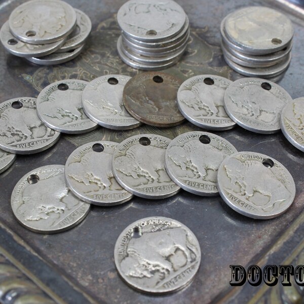 10 Piece Buffalo Nickel Pendant, Earring, or Bracelet Parts Assortment - Genuine Coins With Holes - Ready to Make Your Own Currency Jewelry
