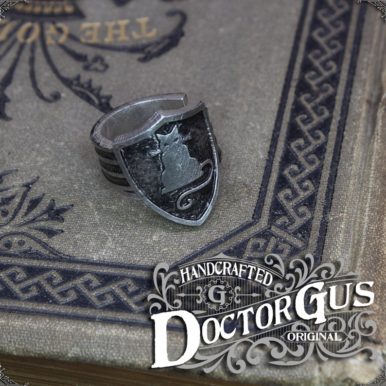 Cat Shield Ring Adjustable Handcrafted by Doctor Gus Unisex Adjustable Men's Pewter Rings Signet Ring Style image 2