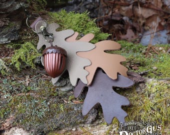 Handcrafted Leather Oak Leaf & Acorn Bell Charm – Brown – Keychain, Bag Charm, or Belt Accessory – Doctor Gus Designs