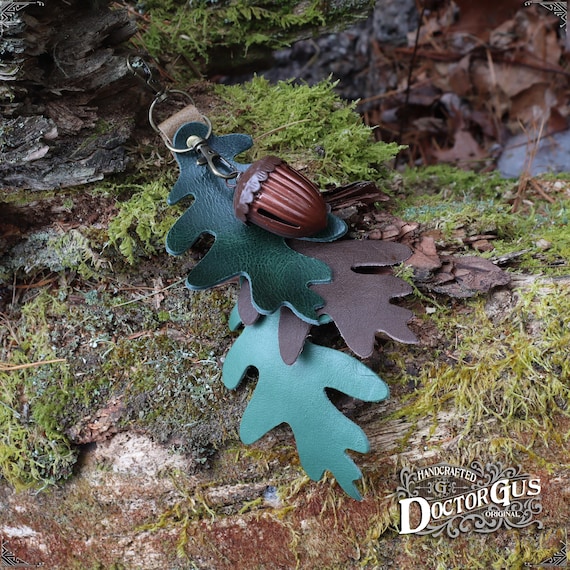 Handcrafted Leather Oak Leaf & Acorn Bell Charm – Green – Keychain, Bag Charm, or Belt Accessory – Doctor Gus Designs