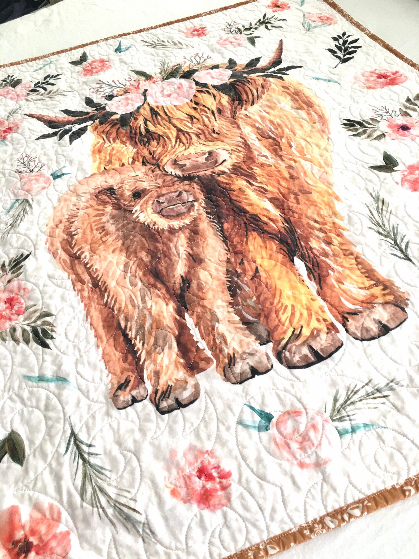 Highland Cow Calf Baby Quilt Handmade Modern Pink Baby Etsy