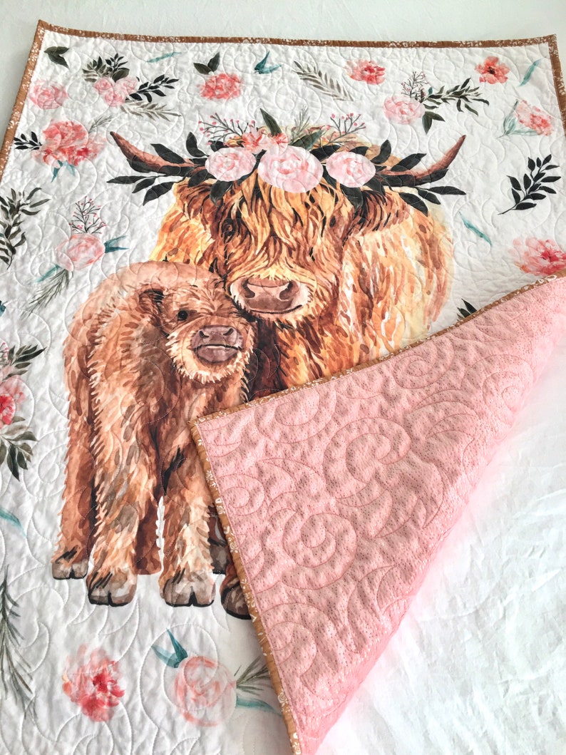 Highland Cow Calf Baby Quilt Handmade Modern Pink Baby Etsy