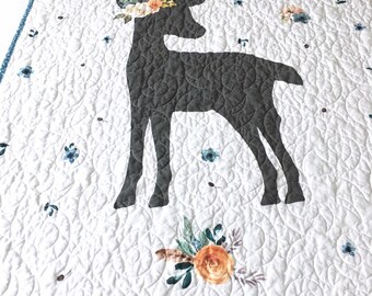 Baby Quilt, Woodland Baby Quilt, Deer Baby Blanket, Cuddly Baby Quilt, Whole Cloth Quilt, Floral Nursery, Woodland Bedding, Gender Neutral