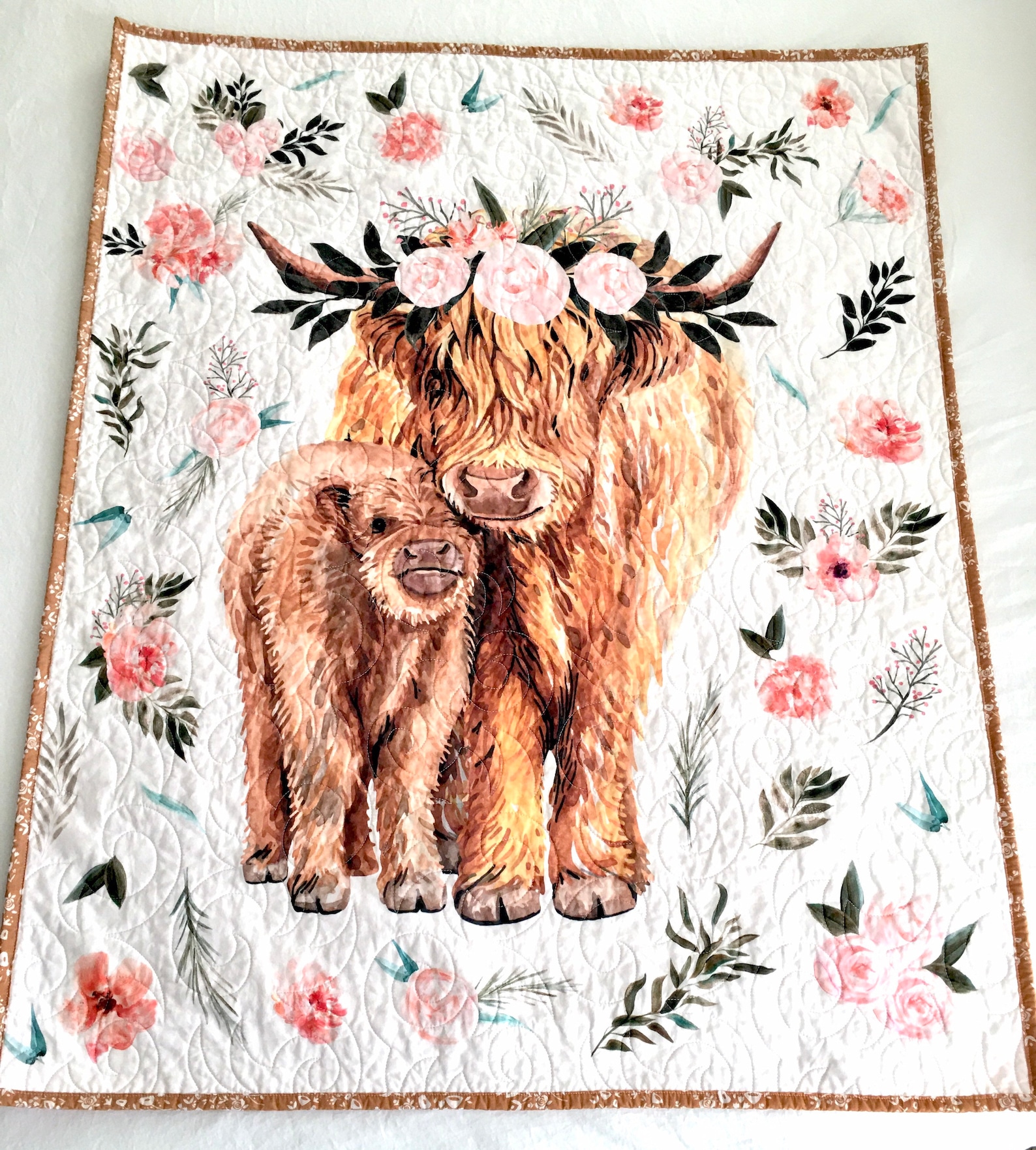 Highland Cow Calf Baby Quilt Handmade Modern Pink Baby Etsy