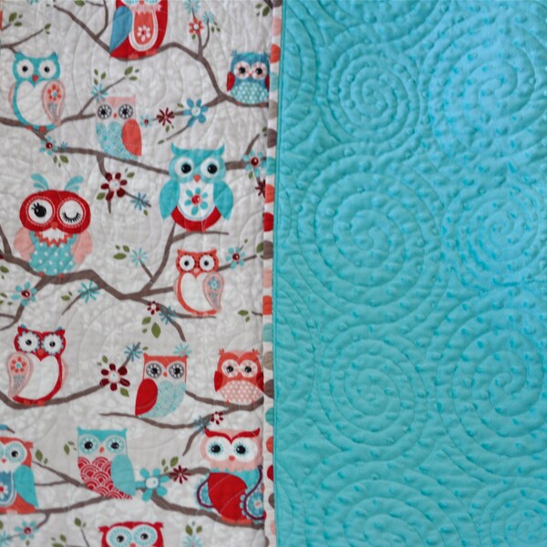 CUSTOM ORDER Cute Owl Quilt, Baby Girl, Modern Quilted Aqua Dotted Minky Blanket, Owls on Branches-Aqua, Coral, Teal, Nursery Bedding