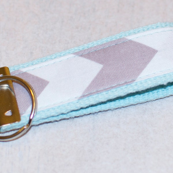 MINI Key Fob Keychain Gray White Chevron Fabric on Aqua Blue Cotton Webbing 3.5" long