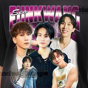May include: Black t-shirt featuring a graphic of a musical group with the text "Seo Funkwa". The design has a vintage aesthetic with a purple and white color scheme. The shirt is worn by a person wearing sunglasses.