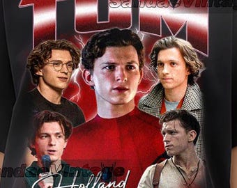May include: Black t-shirt with a red graphic of Tom Holland's face surrounded by images of him in different roles. The text "TOM HOLLAND" is written in white below the graphic.