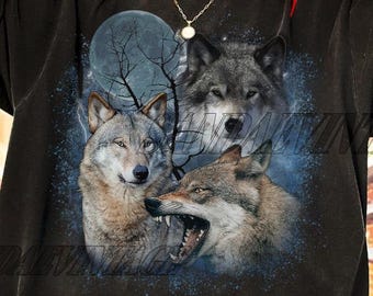 Drie wolven huilende maan Vintage jaren 90 stijl grafisch shirt, shirt wolf maan, schattig wolf cadeau, shirt wolf, shirt wolf minnaar, shirt wolf natuur