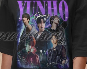 May include: Black t-shirt with a purple graphic of a band called "YUNHO Jeong" with five members. The graphic has a vintage aesthetic with a lightning bolt effect.