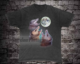 Drei Possums Heulen am Mond Vintage Shirt, lustige Possum Bootleg T-Shirts, Retro Opossum Liebhaber Tshirt, gewaschene Baumwolle Unisex T-Shirt, Dumme Geschenke