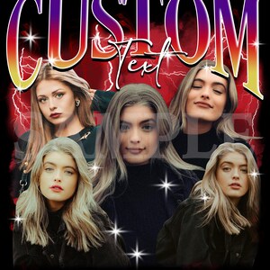 May include: A graphic design featuring the word "CUSTOM" in a gradient purple and red font, with the word "Text" below it. The design includes multiple images of a person with blonde hair, set against a black background with lightning bolt graphics.