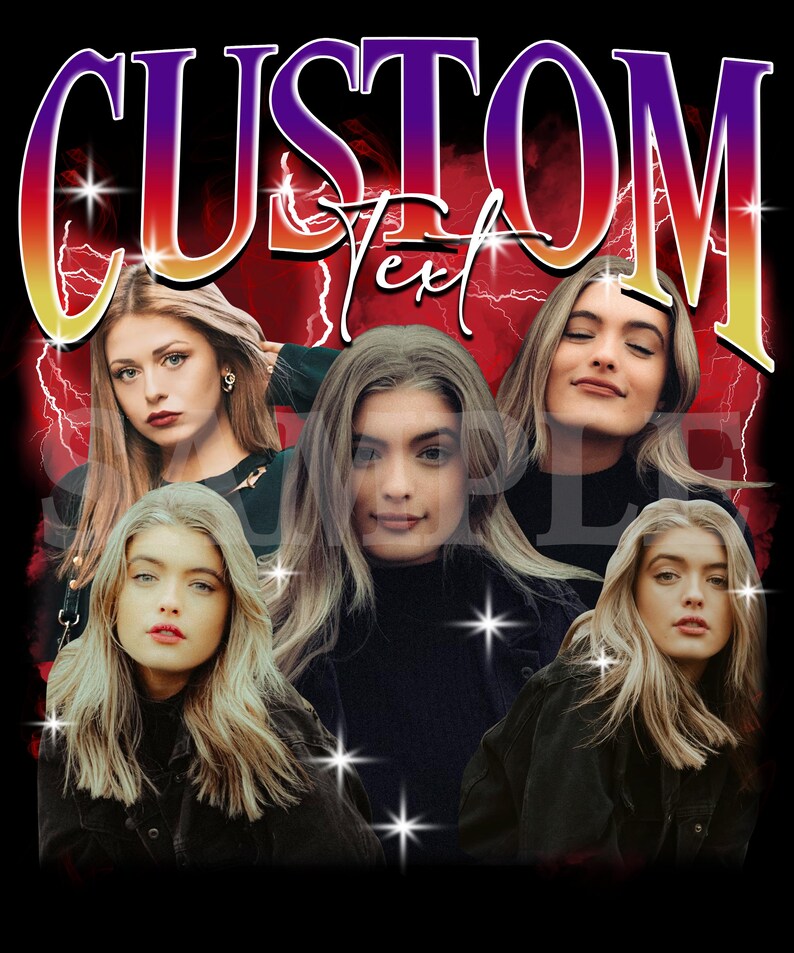 May include: A graphic design featuring the word "CUSTOM" in a gradient purple and red font, with the word "Text" below it. The design includes multiple images of a person with blonde hair, set against a black background with lightning bolt graphics.