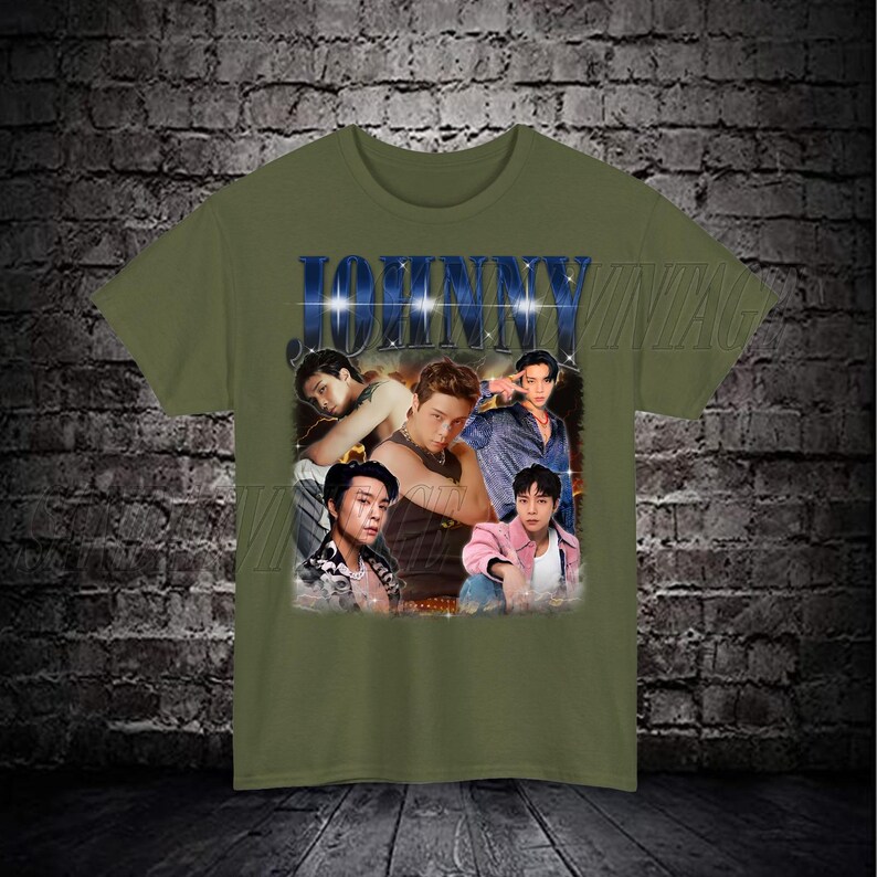 May include: A green t-shirt with a vintage-style graphic of a man's face with the word "JOHNNY" in blue letters above it.