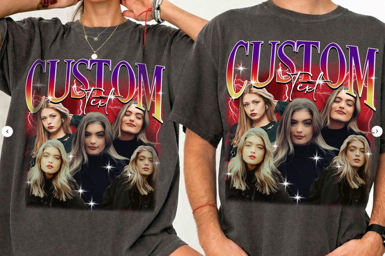 May include: Dark gray t-shirts featuring a graphic design with the word "CUSTOM Text" in a gradient font. The design includes multiple images of a woman with long blonde hair, set against a red background with lightning bolts.