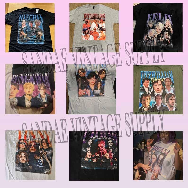 May include: Collection of graphic t-shirts featuring various designs. One black tee displays a band with the name "HAECHAN". Another gray shirt showcases a baseball team with the text "Nick Castellanos". Other shirts feature band members and actors.