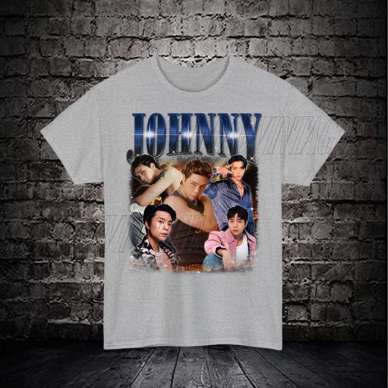 May include: Gray t-shirt with a vintage-style graphic featuring four men and the word "JOHNNY" in blue letters.
