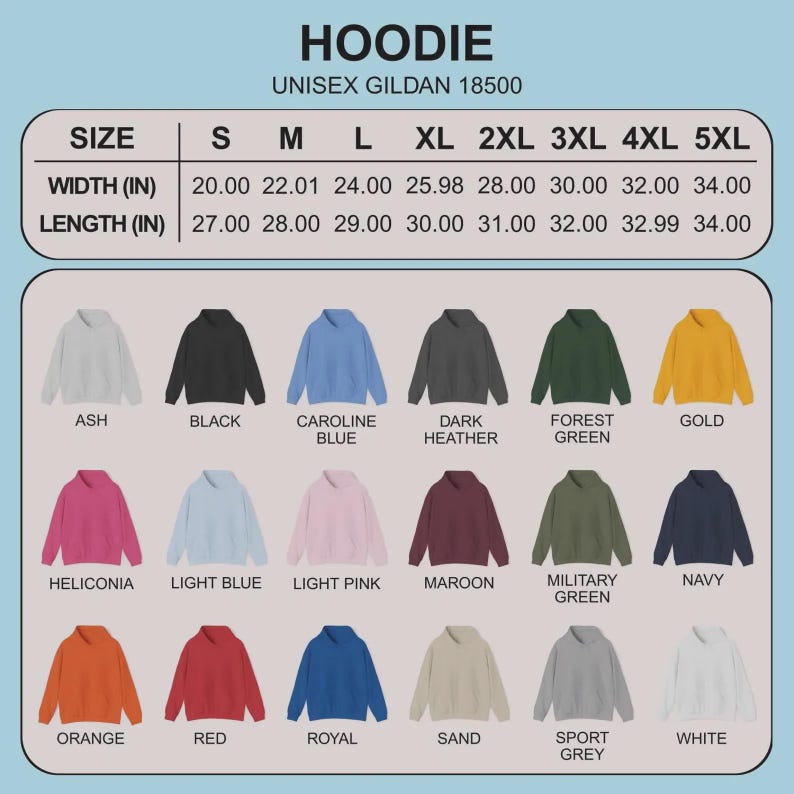 May include: A product image showcasing a variety of unisex hoodies in various colors, including ash, black, and forest green. The image includes a size chart with measurements in inches for width and length, ranging from size S to 5XL. The text "HOODIE" and "UNISEX GILDAN 18500" are also visible.