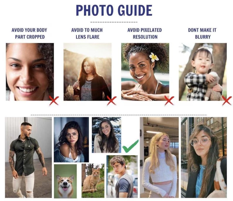 May include: A photo guide with the title "PHOTO GUIDE" in blue text. The guide provides examples of what to avoid when taking photos, including cropping body parts, lens flare, pixelated resolution, and blurry images. Examples of good and bad photos are shown.