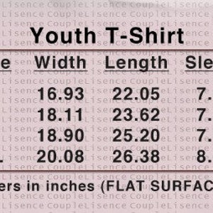 May include: A size chart for youth t-shirts with measurements in inches for width, length, and sleeve length. The sizes are S, M, L, and XL.