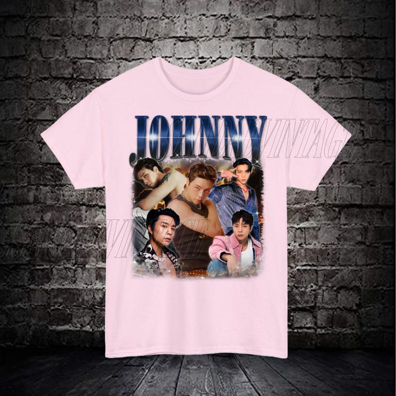 May include: Pink t-shirt with a vintage style graphic print of five men. The print features the word "JOHNNY" in large, bold letters.