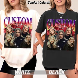 May include: White and black t-shirts with a custom text design. The design features a group of women with long blonde hair, and the word "CUSTOM" in a colorful, retro font. The word "Text" is below the word "CUSTOM".