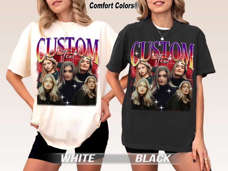 May include: White and black t-shirts with a custom text design. The design features a group of women with long blonde hair, and the word "CUSTOM" in a colorful, retro font. The word "Text" is below the word "CUSTOM".