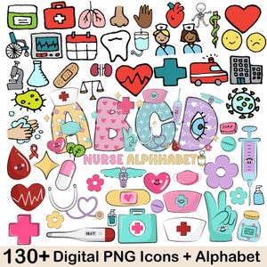 Infirmière icônes, icônes médicales, Clipart PNG Bundle docteur infirmière hôpital silhouette stéthoscope matériel médical, polices d&#39;infirmières, alphabet d&#39;infirmières