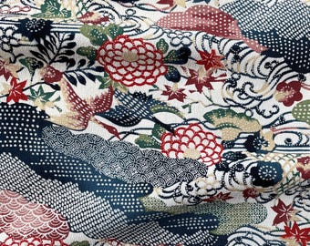 Vintage Japanese Kimono Fabric | Silk, Off-White Background, Birds,Chrysanthemum and Wave Motif, All-Over Pattern, 60s–80s