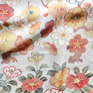 Tessuto/seta vintage giapponese per kimono, rosa Samon, arancione, avorio, fiori di ciliegio, ume, glicine, camelia, anni '60-'80