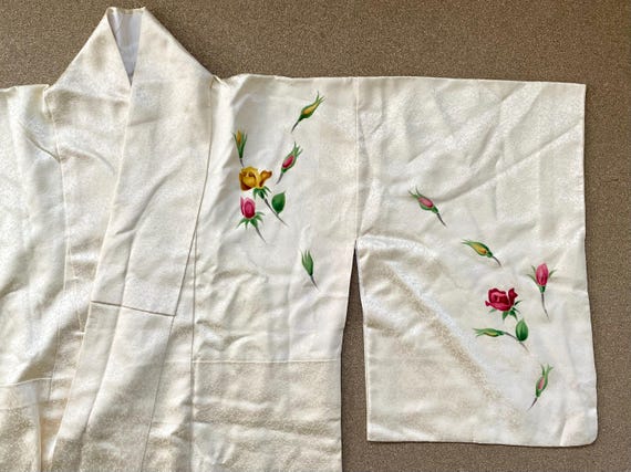 Japanese Vintage Silk Kimono | Hand Painting, Flower pattern, Rose | 60-00s
