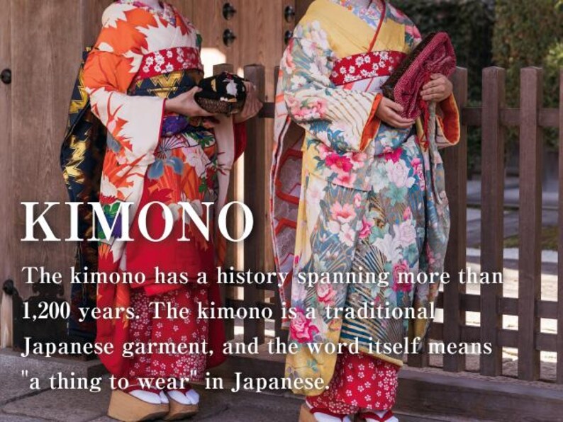 May include: Two people wearing traditional Japanese kimonos. The garments feature vibrant floral patterns in red, orange, and yellow. The image includes the word "KIMONO" and text describing the garment's history and meaning.