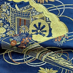 Japanese Vintage Silk Kimono Fabric | Hand Embroidery, Sensu (Japanese folding fan), Gissya (Ox-drawn carriage), Deep Blue | 1910-1920s