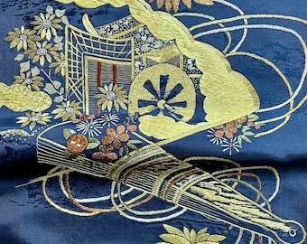 Vintage Silk Kimono Fabric | Hand Embroidered Sensu & Gissya, Deep Blue