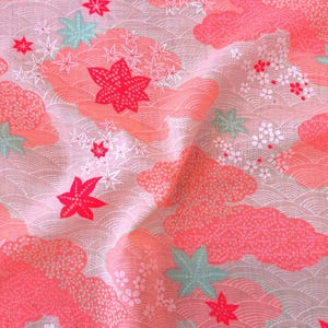 Vintage Japanese Kimono Fabric | Wool , Pink, Wave Maple Leaf Motif, 40s–60s