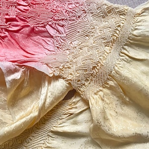 Japanese Vintage Kimono Fabric, Tie-dye, Shibori, Silk, Scarf,  Obiage (Sash, Belt), Cream color, Pale Yellow, Pink Orange,  60-80s