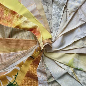 Yellow & Beige Silk Kimono Fabric Scraps – Quilting Bundle, 20+ Pieces, Vintage Japanese