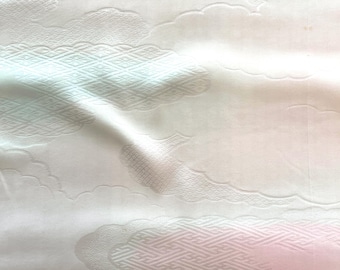 Vintage Japanese Kimono Fabric | Rinzu Silk, Off-White and Soft Pink Ombre Background, Cloud Motif, 50s–70s