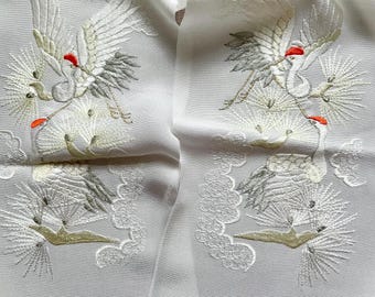 Vintage Japanese Silk Kimono Fabric | Crane Embroidery Han-eri