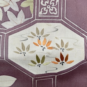 Antique Japanese Kimono Fabric | Silk, Hand Embroidery, Purple, Maple Leaf & Bamboo Motif,20s-30s