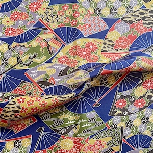 Tecido vintage para quimono japonês | Seda, Sensu (leque dobrável japonês), Azul, Flor, Kiku (Crisântemo), Botan (Moutan), anos 60