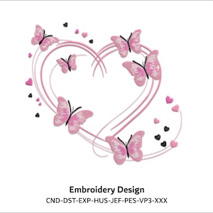 May include: Embroidery design featuring a pink heart shape with pink butterflies and small pink hearts scattered around the heart. The text "Embroidery Design" and "CND-DST-EXP-HUS-JEF-PES-VP3-XXX" is below the heart.