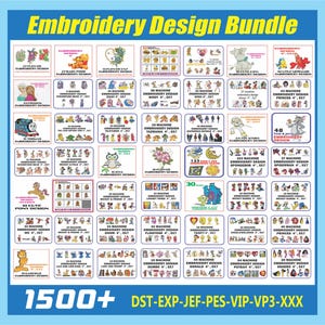 Peut inclure: Un collage coloré de motifs de broderie mettant en scène divers personnages de dessins animés, dont Winnie l'ourson, Mickey Mouse, Bob l'éponge, et bien d'autres. Les motifs sont étiquetés avec le nombre de points et la taille du motif. Le texte "1500+ DST-EXP-JEF-PES-VIP-VP3-XXX" est en bas de l'image.