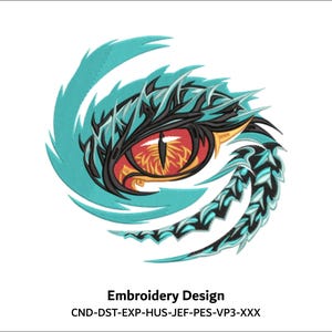 Peut inclure: Broderie d'un œil stylisé avec un iris rouge et une pupille jaune, entouré d'un motif bleu et noir tourbillonnant. Le motif est intitulé "Embroidery Design" et "CND-DST-EXP-HUS-JEF-PES-VP3-XXX".