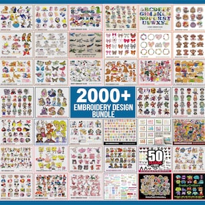 May include: A digital collection of 2000+ embroidery designs featuring various cartoon characters, animals, alphabets, and holiday themes. The image displays a grid of multiple panels showcasing colorful graphic patterns and the text 2000+ EMBROIDERY DESIGN BUNDLE.