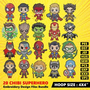 May include: A set of 20 embroidery designs featuring chibi superhero characters. The designs are in a variety of colors and poses, and include characters like Spiderman, Superman, Batman, and Wolverine. The designs are perfect for creating personalized gifts or adding a touch of fun to your home decor.