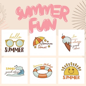 May include: A set of six colourful illustrations with summer themes. The illustrations include sunglasses, an umbrella, ice cream, a wave, a life preserver, and a smiling sun. The text in the illustrations includes "hello summer", "summer time", "ice cream is always a good idea", "summer good vibes", "summer holidays", and "summer".